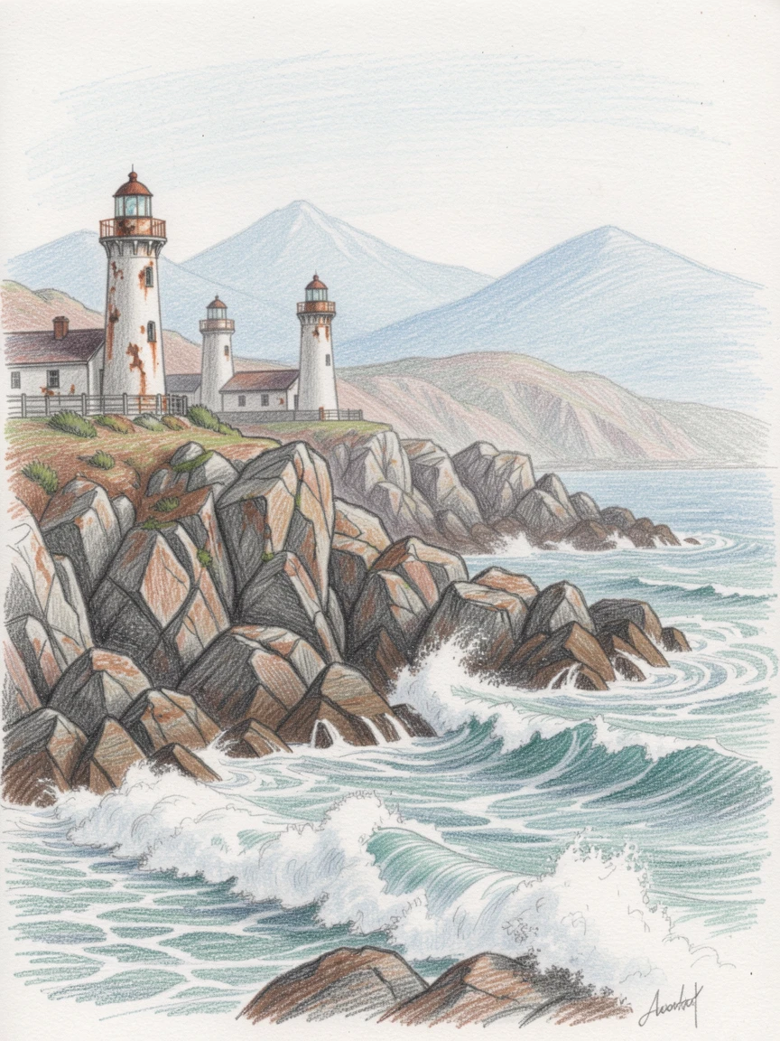 A rugged coastline dotted with weathered lighthouses and crashing surf, with distant mountains fading into soft blue haze, telling a quiet story of solitude and beauty.