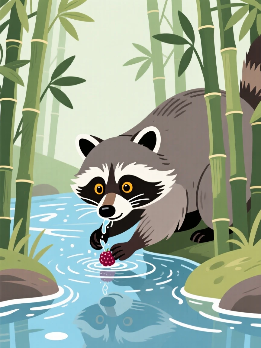 A raccoon washing a small berry in a stream, framed by towering bamboo stalks in a peaceful grove, arranged in a balanced symmetrical composition, with a sense of playful curiosity captured perfectly.