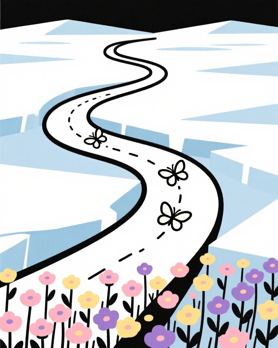 A winding path through a frozen tundra leading toward a field of wildflowers, with a trail of butterflies scattered along the way, radiating timeless calm.