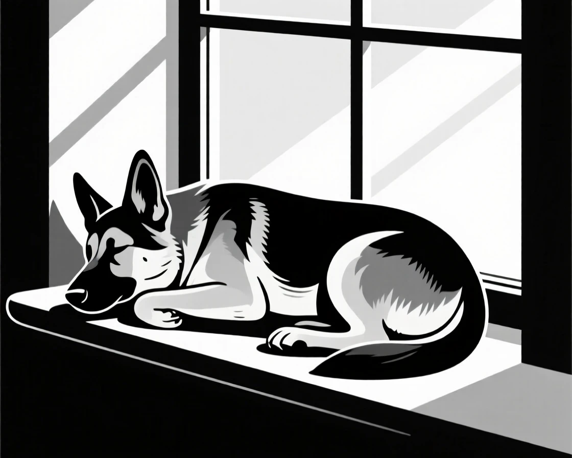 A loyal German shepherd napping on a sunny windowsill.