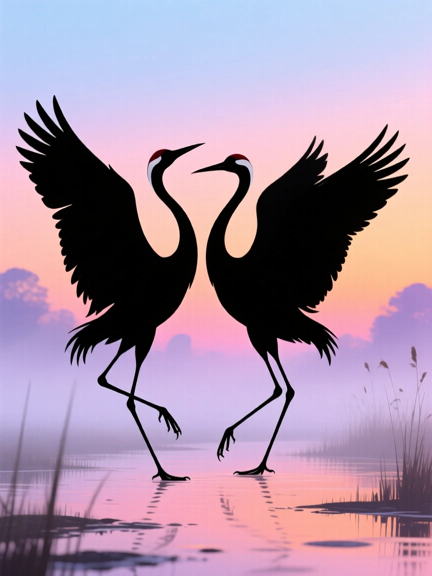 A pair of cranes performing a courtship dance, wings spread, legs mid-step on a misty wetland.