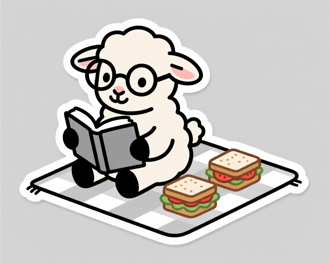A proud baby lamb wearing round glasses and reading a tiny book, on a picnic blanket with tiny sandwiches nearby.