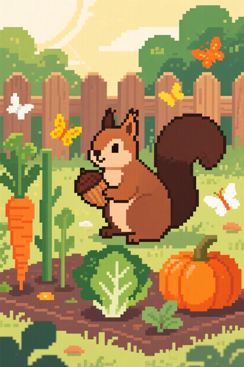 A squirrel with an acorn tending a small vegetable garden, in a sunlit garden with butterflies nearby.