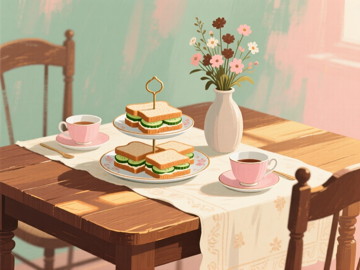 A rustic table set for afternoon tea with cucumber sandwiches