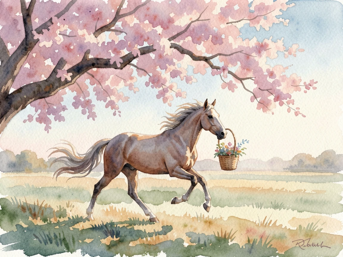 A horse galloping across an open field under a blooming cherry tree carrying a tiny basket of flowers.