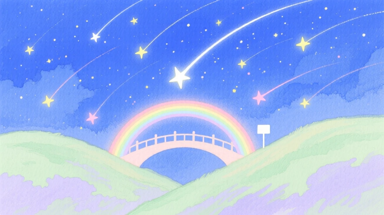 A dreamlike scene of a rainbow bridge between hills, beneath a sky filled with shooting stars, inviting quiet wonder and imagination