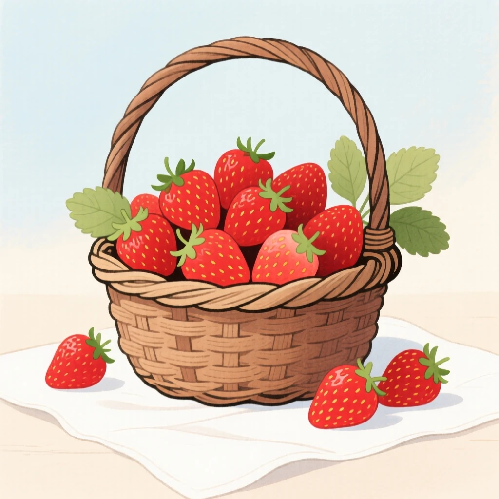 A gentle still-life scene featuring a basket overflowing with ripe strawberries.