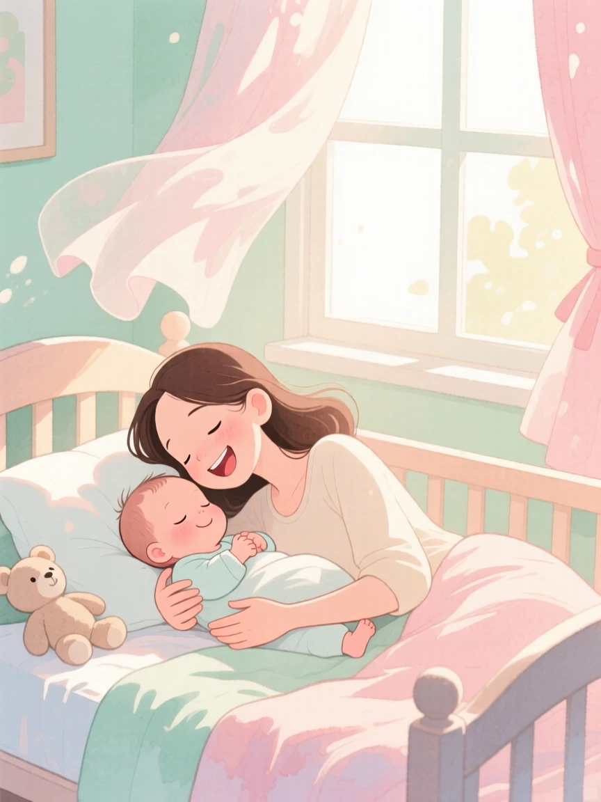 A newborn baby and mother resting together in a sunlit nursery, in a soft pastel nursery with floating curtains, with laughter caught mid-motion, pure unconditional love.