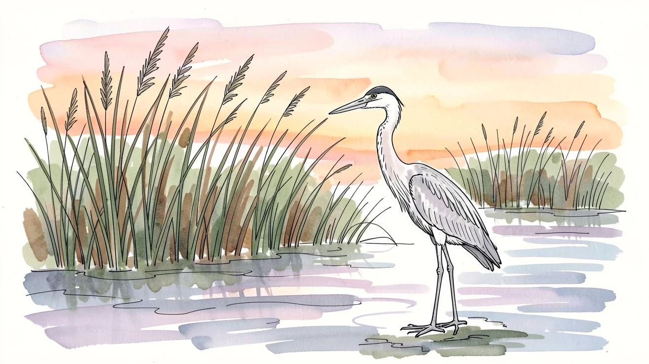 A quiet marsh at sunset with reeds silhouetted against the sky, a heron standing still in the shallow water