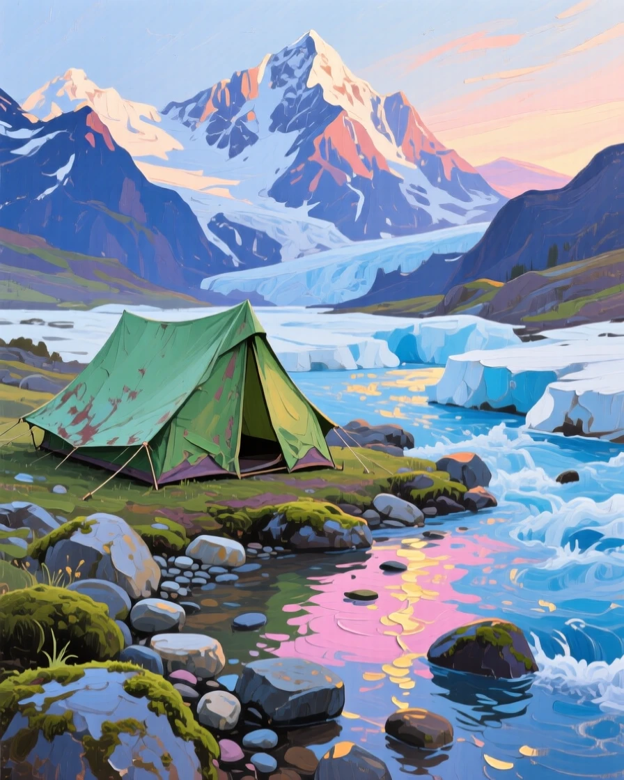 a small tent beside a glacial stream, at first light, with a clear foreground, subject, and distant setting.