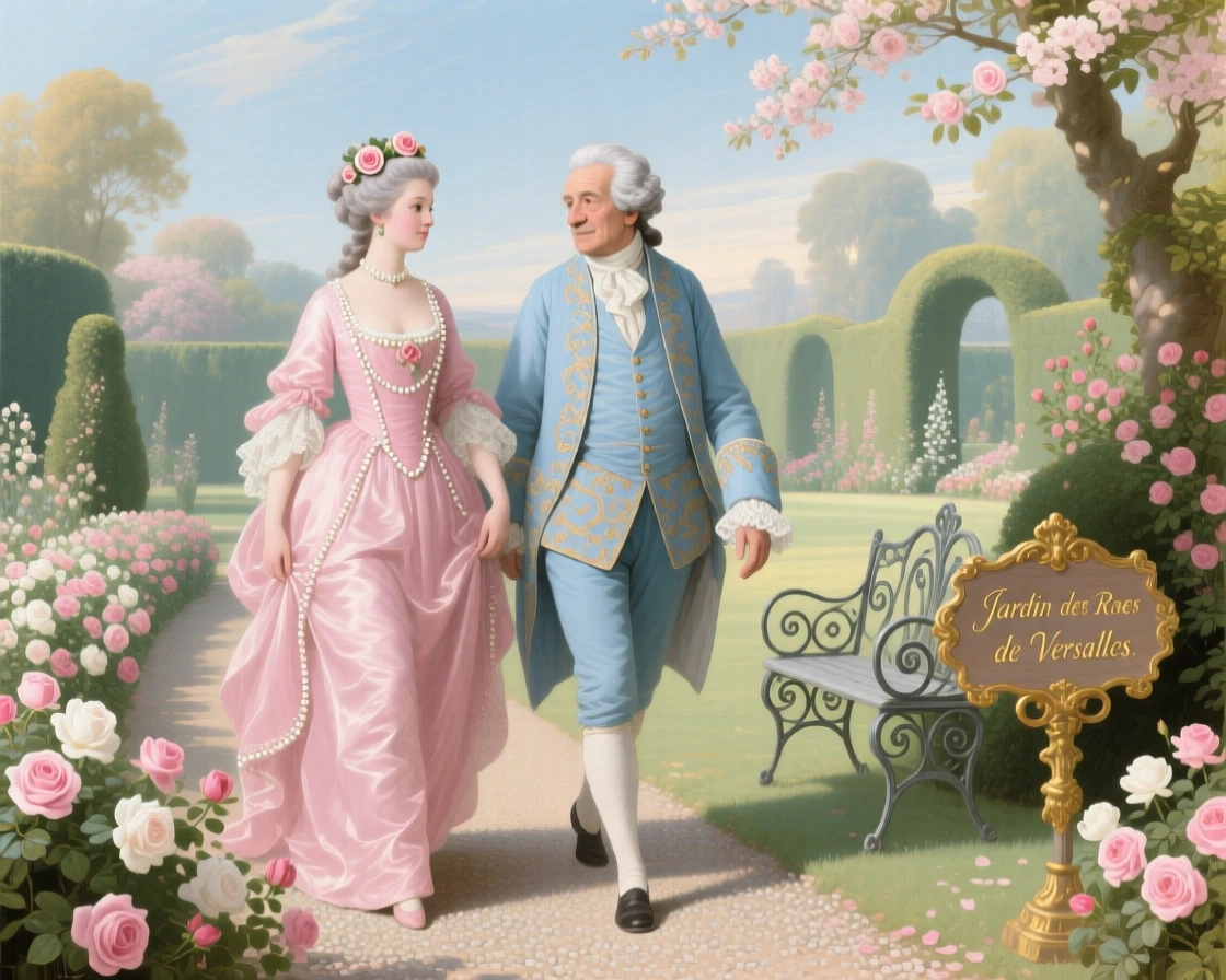 A lady in a pearl-trimmed gown walking with her elderly father through a rose garden  