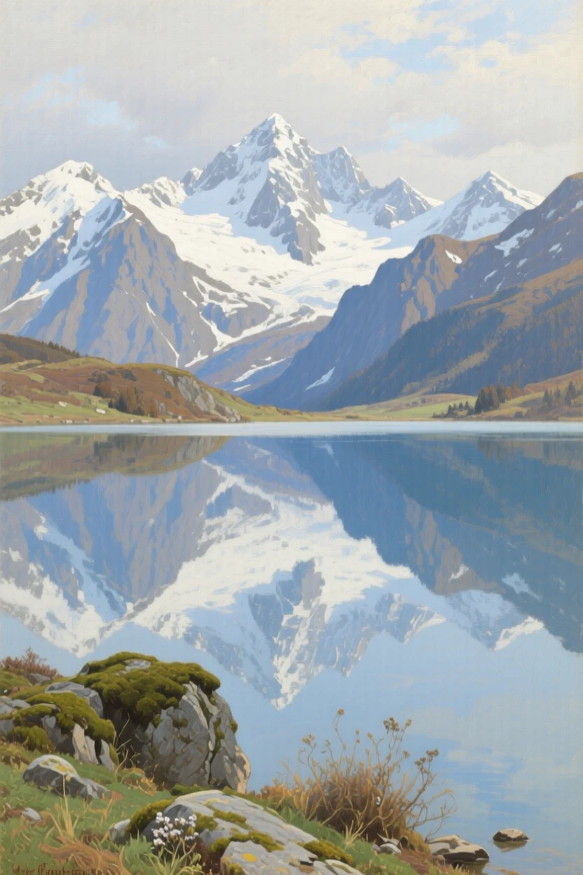 A chain of snow-capped mountain peaks reflected in a still alpine lake, as snow dusts the highest peaks in the distance, designed to feel like a window into another world