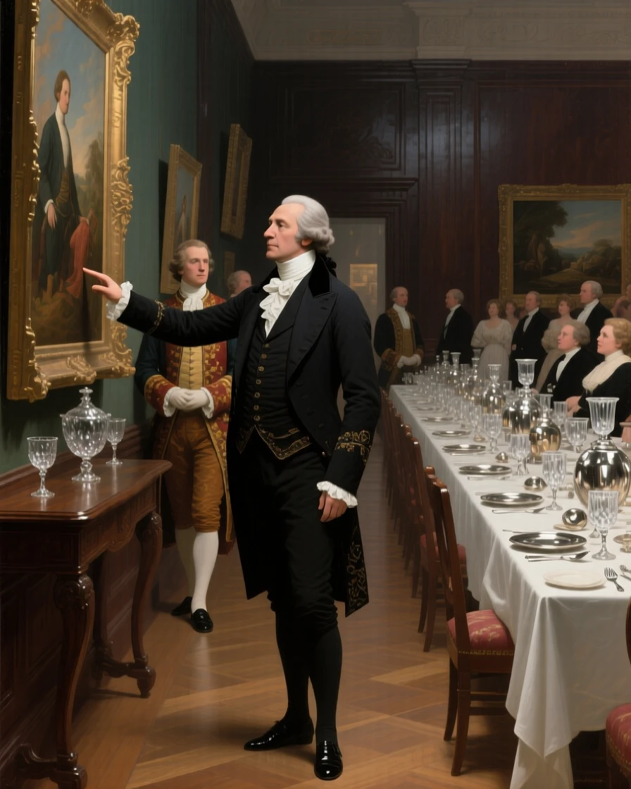A wealthy patron admiring paintings in his private gallery amid the elegant bustle of a formal evening, set in an opulent dining hall set with silver and crystal, with liveried servants moving quietly among the guests; converging sightlines from the guests draw attention to the central gesture, filled with quiet ceremony and inherited dignity.