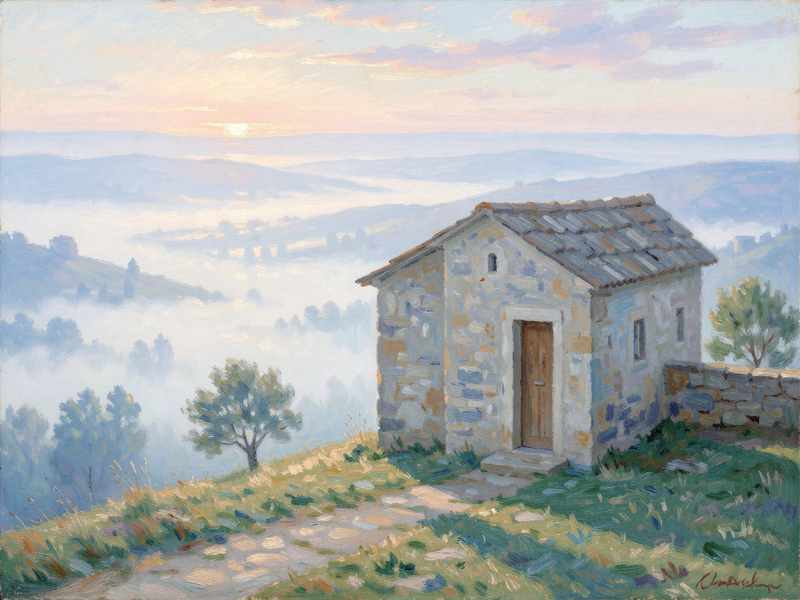 A remote hilltop chapel overlooking a valley blanketed in morning fog.
