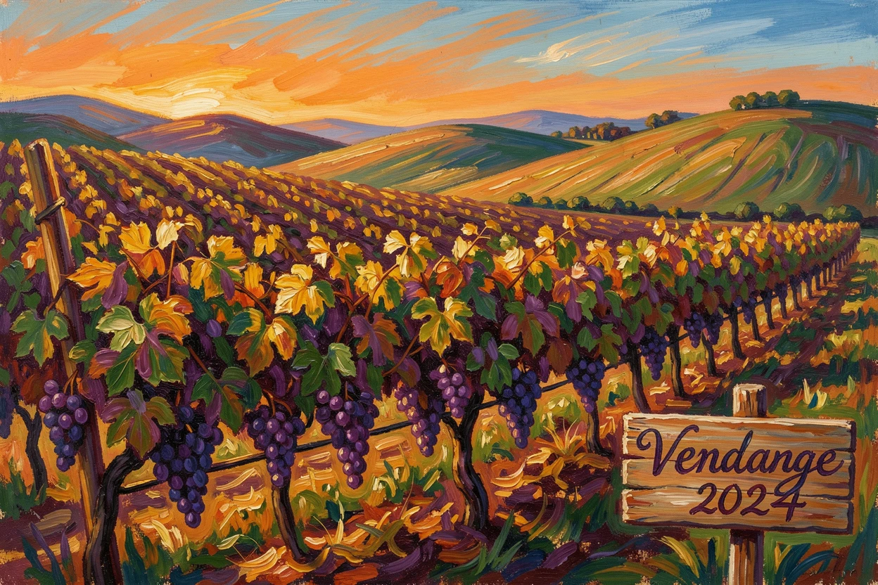 A vineyard on rolling hills at harvest time, rows of grapevines glowing in late afternoon light.