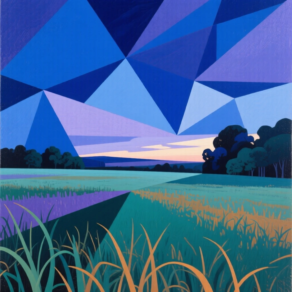 A dramatic atmospheric view of a quiet meadow glowing under the soft light of a blue hour sky.