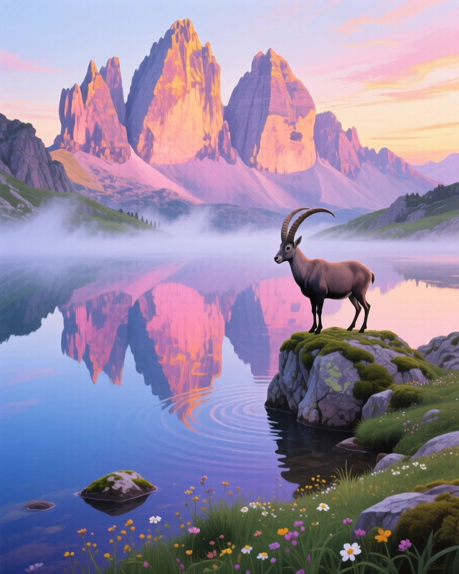 A high alpine tarn in the Dolomites mirrors jagged pink-lit peaks at sunrise, a lone ibex standing on a boulder at the water's edge, mist rising gently off the surface.