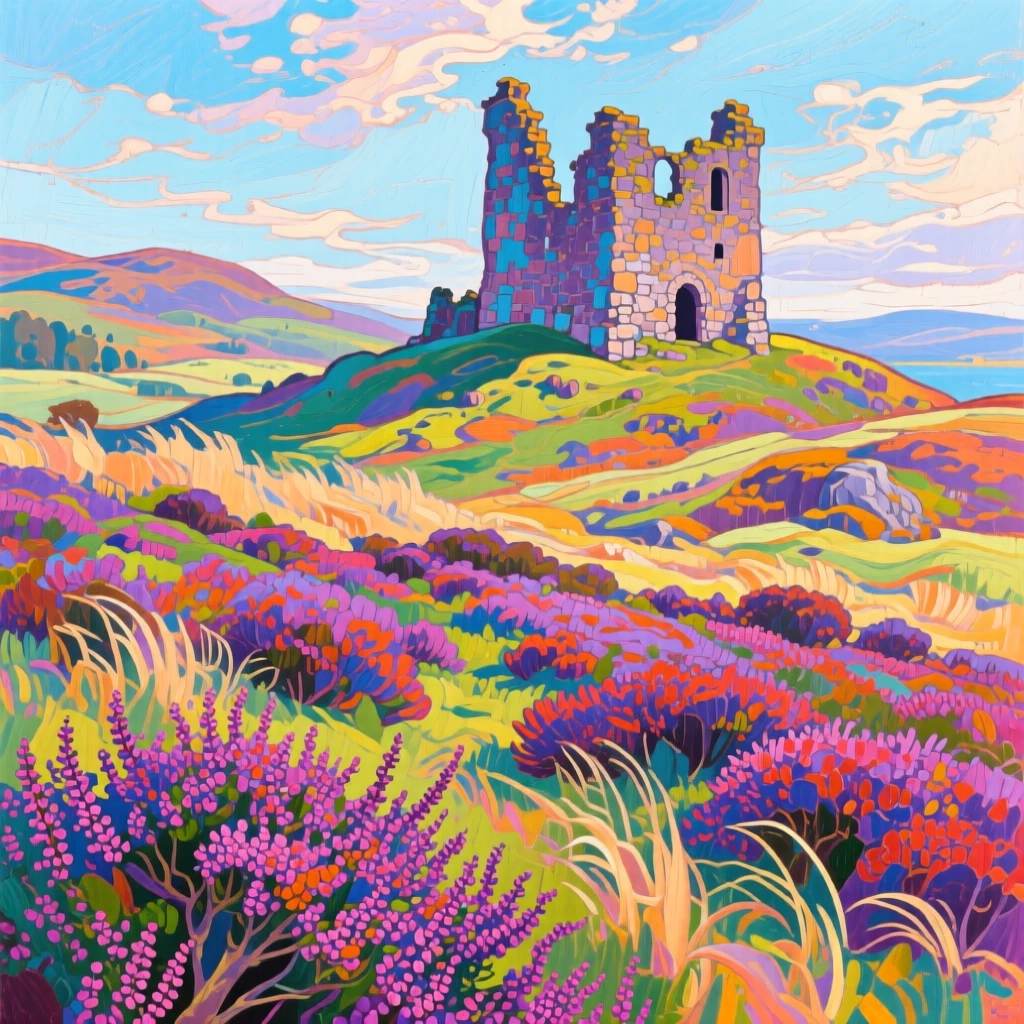 A windswept moor in Scotland with heather in full bloom, a crumbling stone castle ruin on a distant hill