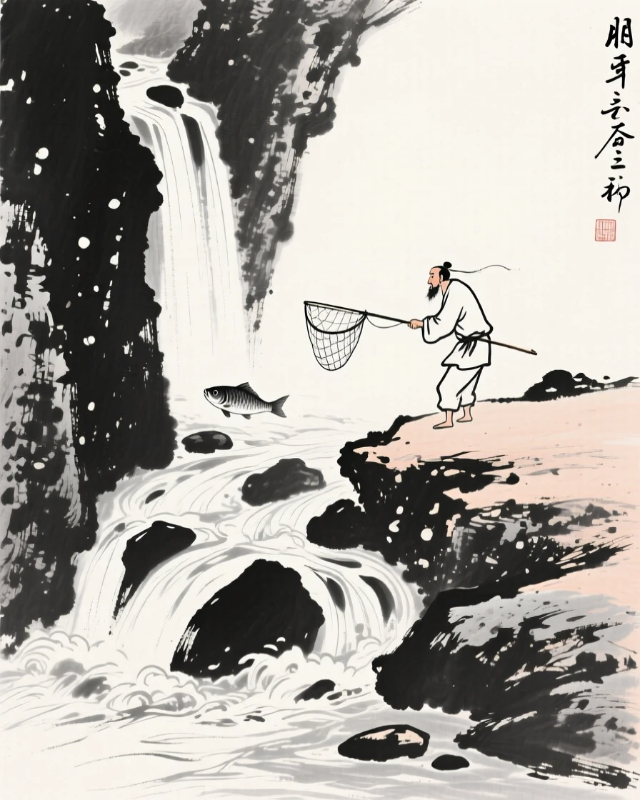 a narrow mountain stream tumbling over stones, with a fisherman casting a net from the shore.