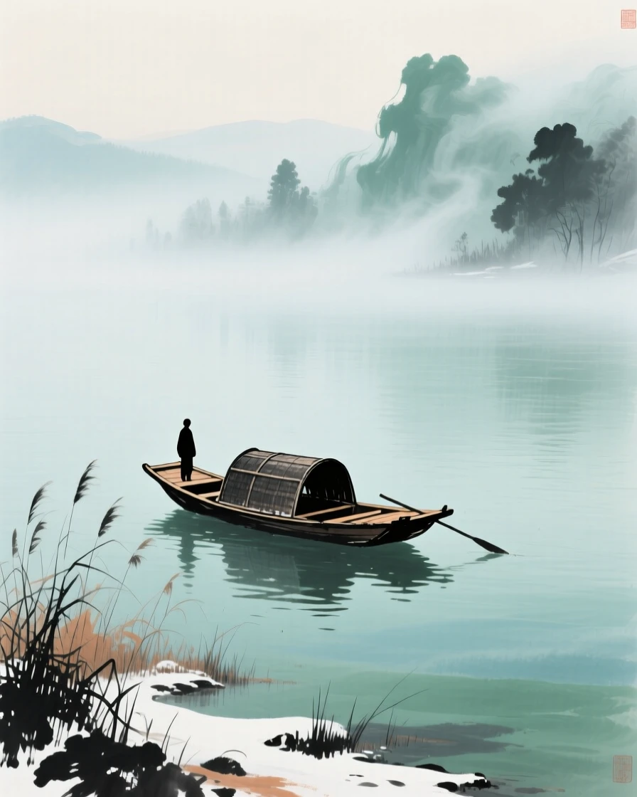 A single boat drifting alone on a vast, mist covered lake, through swirling morning fog, evoking a sense of quiet solitude, as winter frost settles.