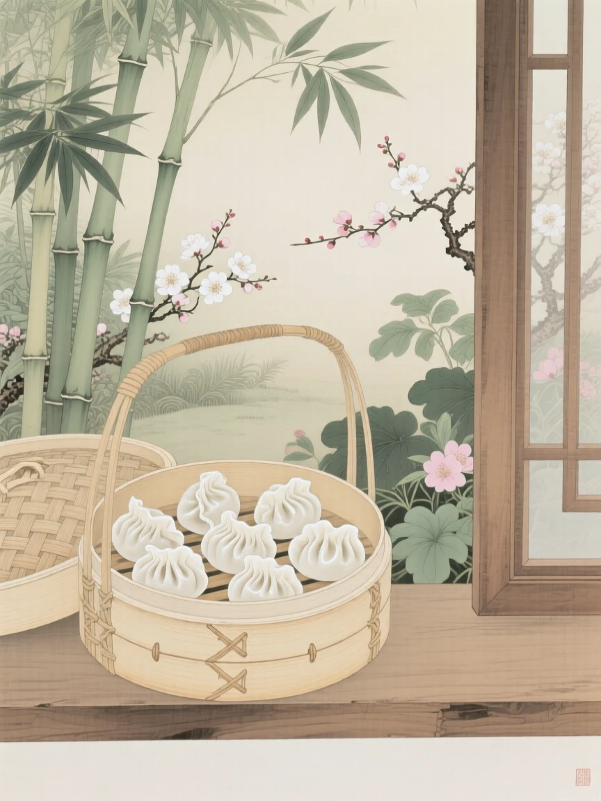 A bamboo steamer basket filled with dumplings on a windowsill overlooking a garden