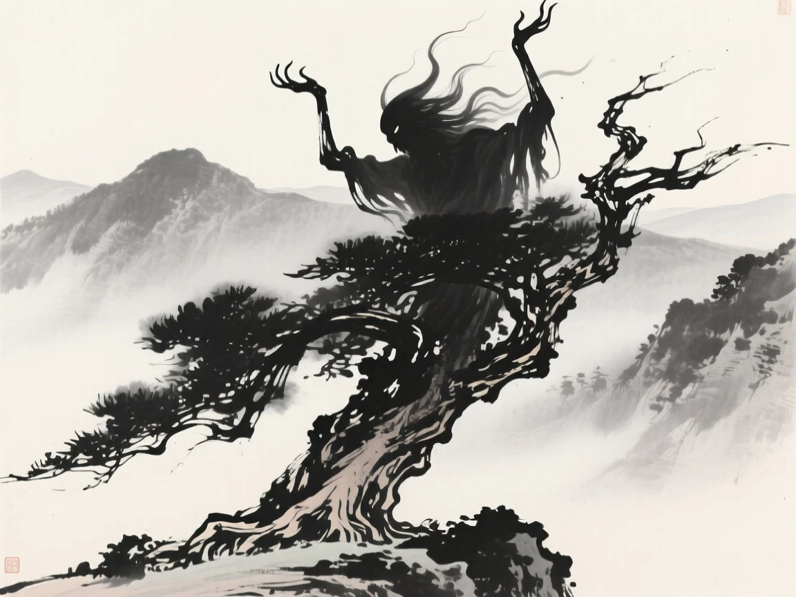 An ancient tree spirit with branches like reaching arms above a mist-shrouded mountain range, composed with sweeping, dynamic movement across the frame, carrying a sense of magic woven into the natural world.