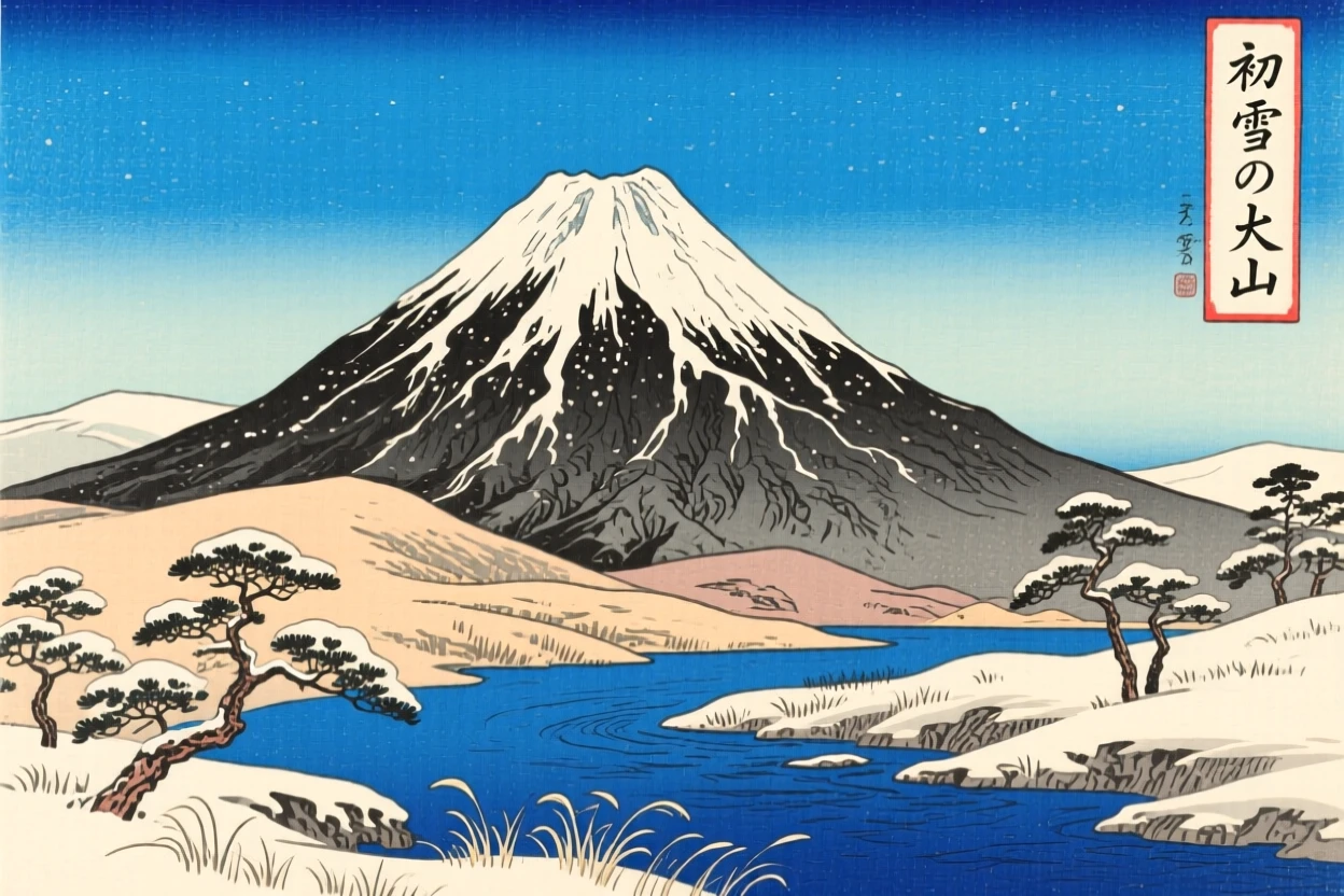 A jagged volcanic cone, dusted with the season's first snow, under a brilliant blue midday sky.