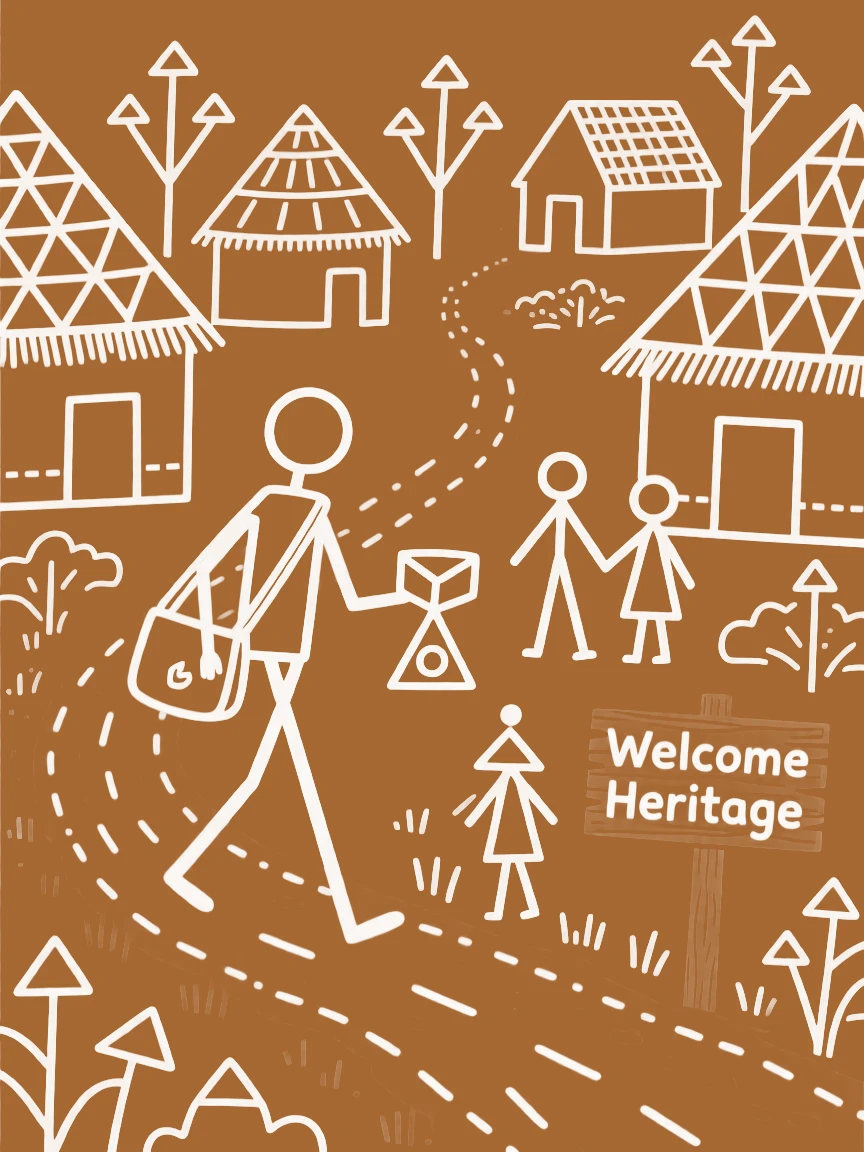 A barefoot postman passing down a family heirloom along a dirt path lined with huts.
