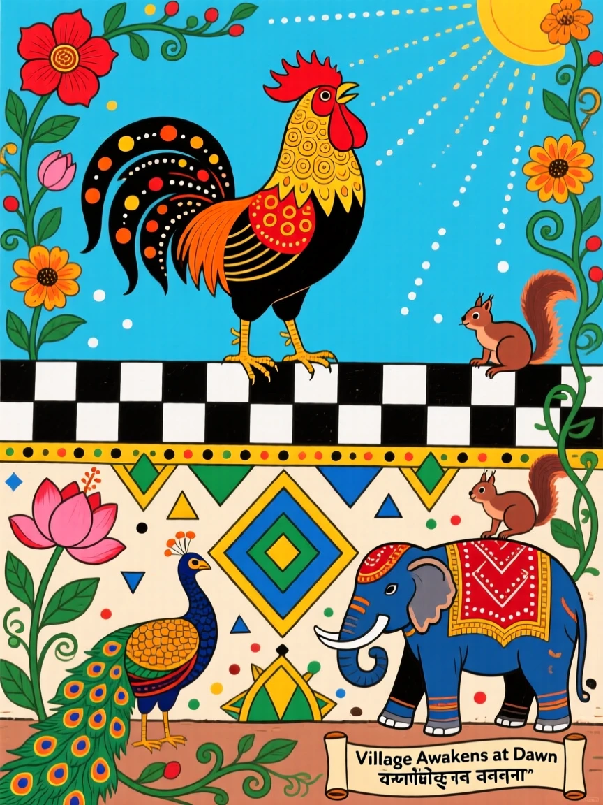A rooster crowing atop a courtyard wall as the village wakes.