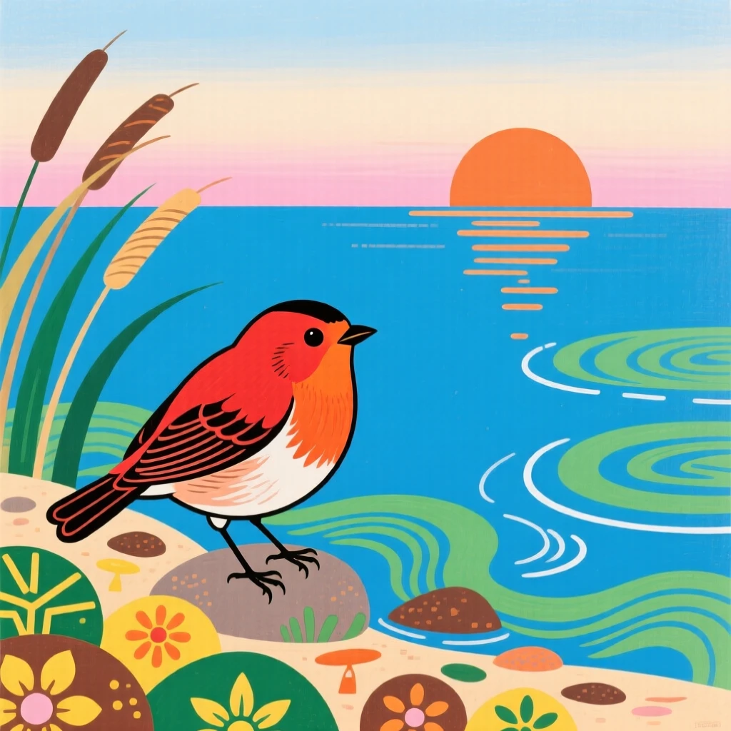 A robin perched on the shore of a calm lake, at first light of dawn.