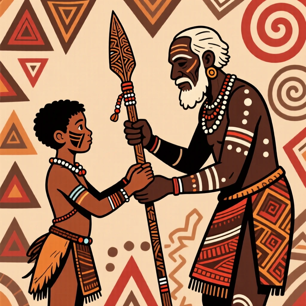 A young warrior receiving his first spear from an elder.