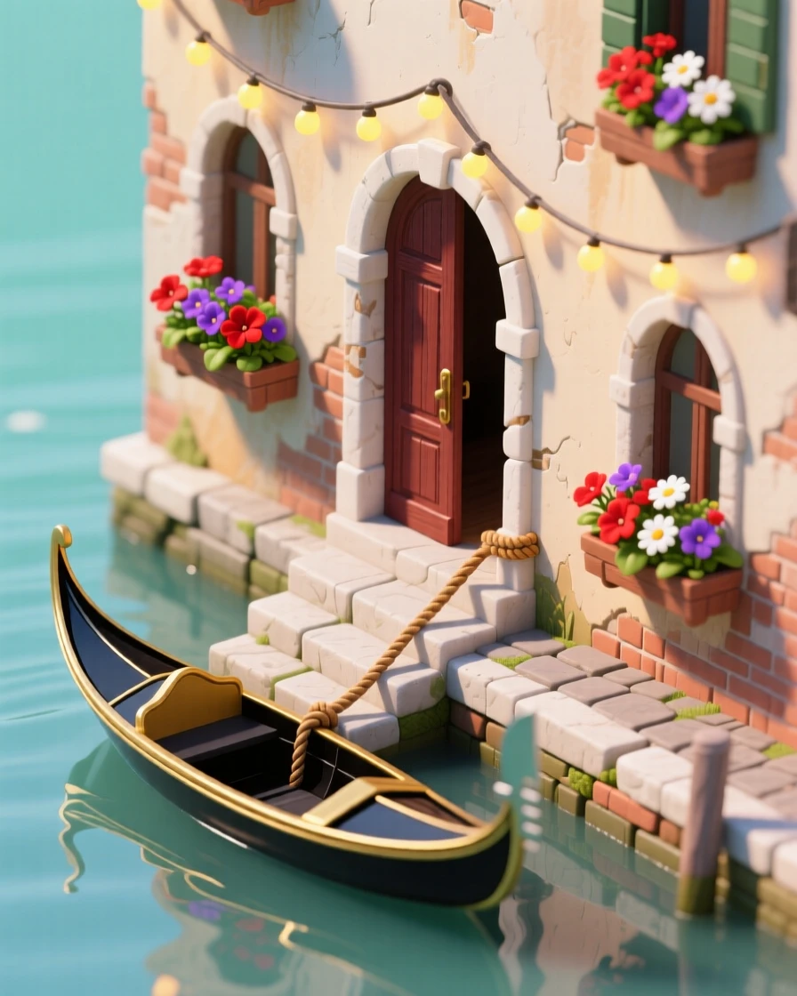 A Venetian canal-side house with an arched wooden door opening directly to the water, a gondola tied at the steps, flower boxes on every windowsill, and string lights crossing the alley above.
