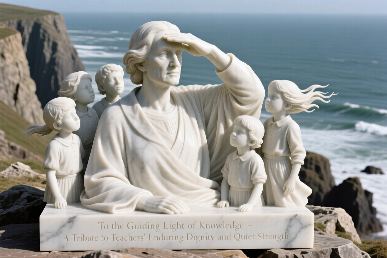 A close-up portrait of a teacher surrounded by curious students, shielding their eyes from the sun, on a windswept cliff overlooking the sea, radiating quiet emotion and dignity