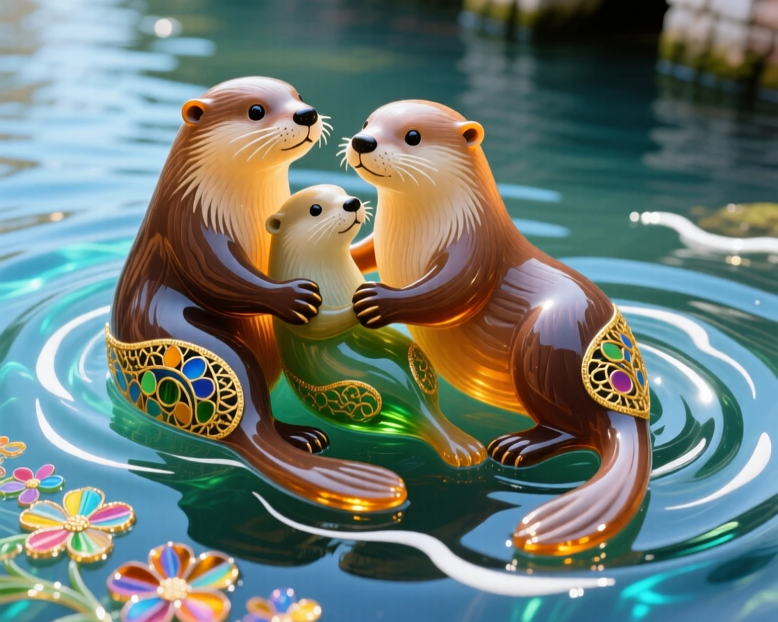 A family of otters floating together holding paws on a calm river, affectionate and playful, ripples forming gentle circles.