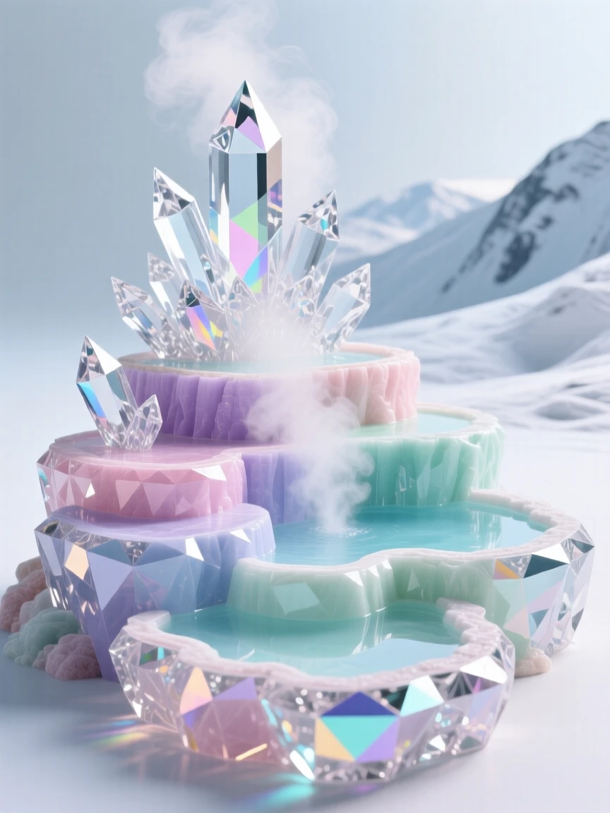 A geothermal hot spring terraced in pastel mineral colors, steam rising into cold mountain air.