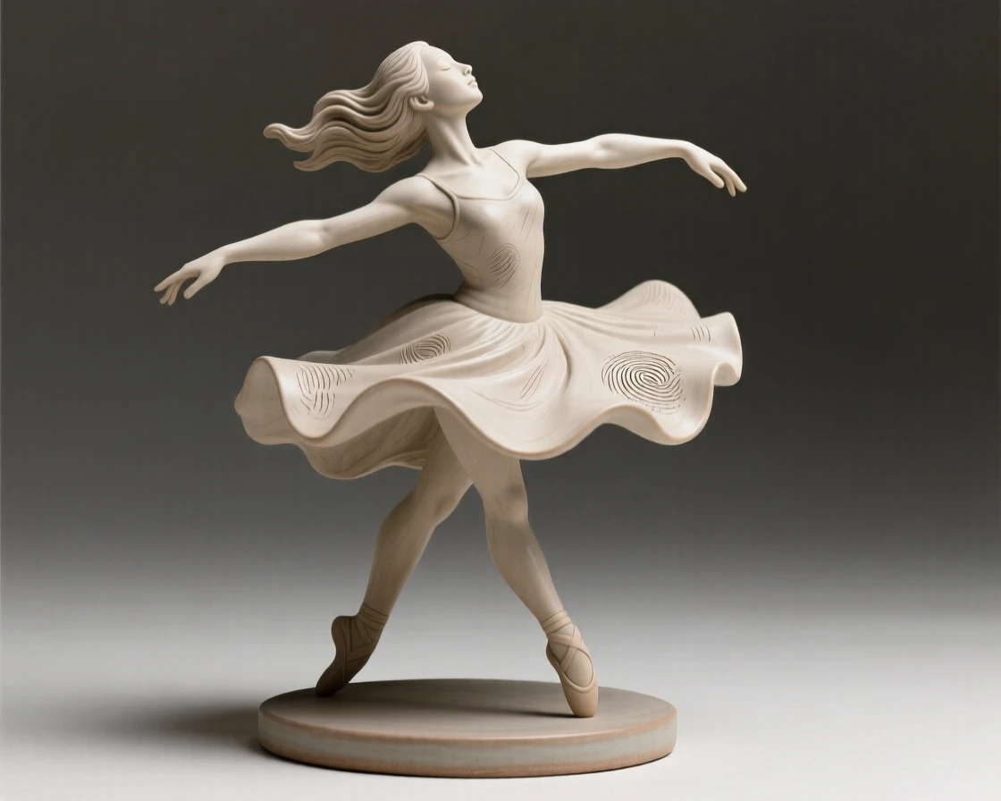 A graceful dancer figurine mid-spin posed with understated, timeless refinement, finished with graceful, flowing lines, conveying calm, tasteful sophistication.