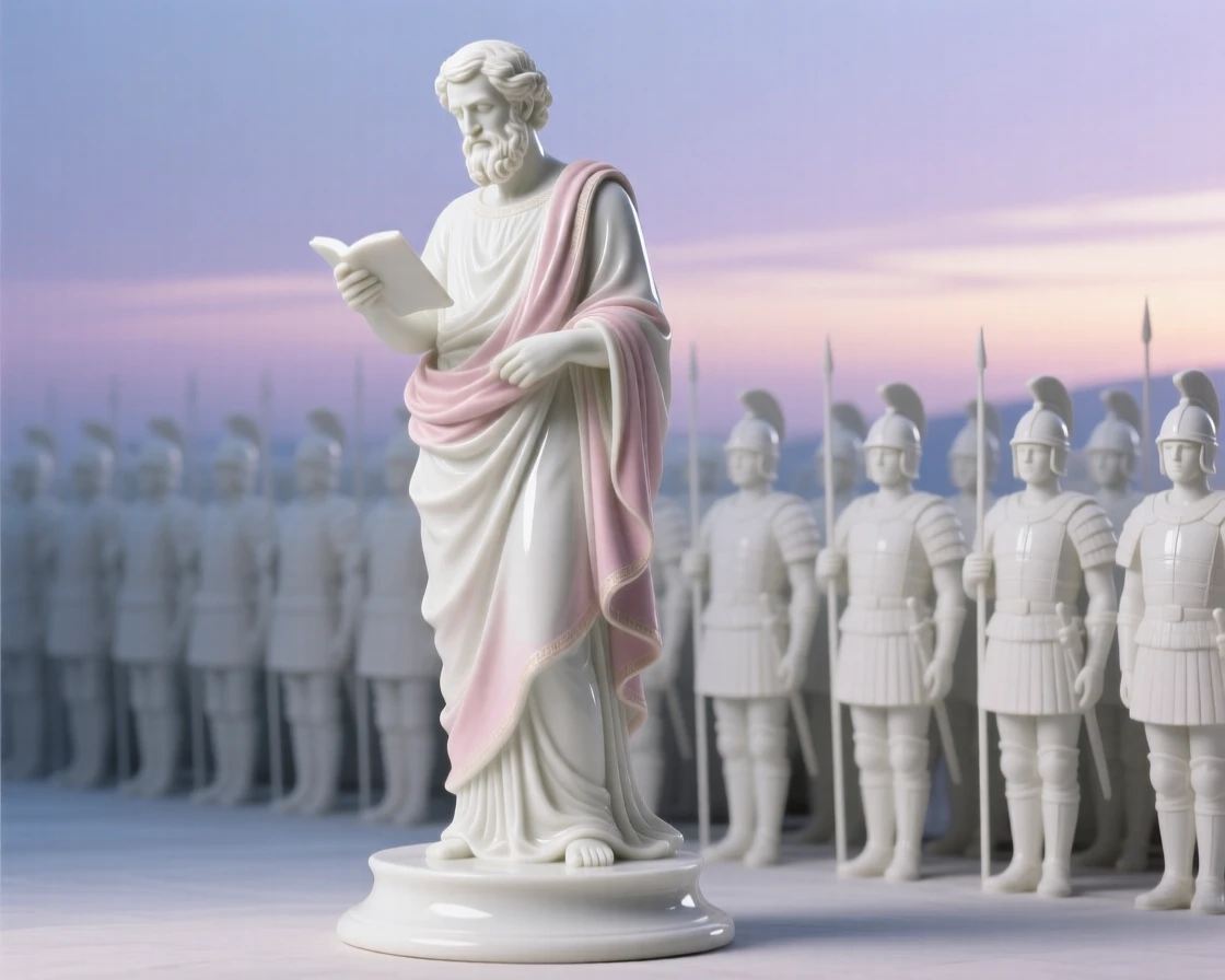 A regal Greek philosopher reviewing troops at dawn, captured in a moment of solemn authority.