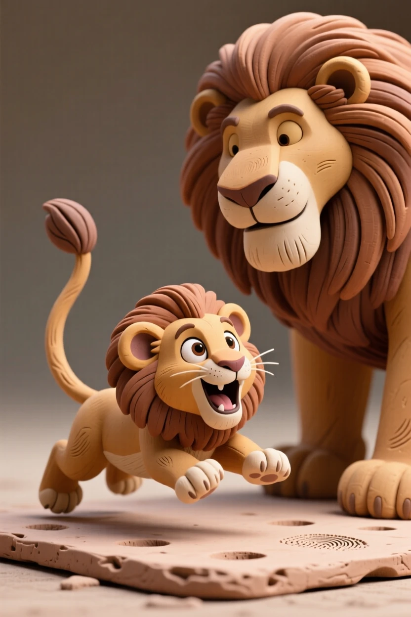 A lion cub pouncing playfully on its father's twitching tail