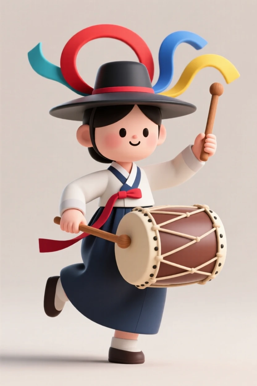 A traditional Korean drummer strikes a large barrel drum with wooden sticks, colorful ribbons swirling from her hat as she dances.