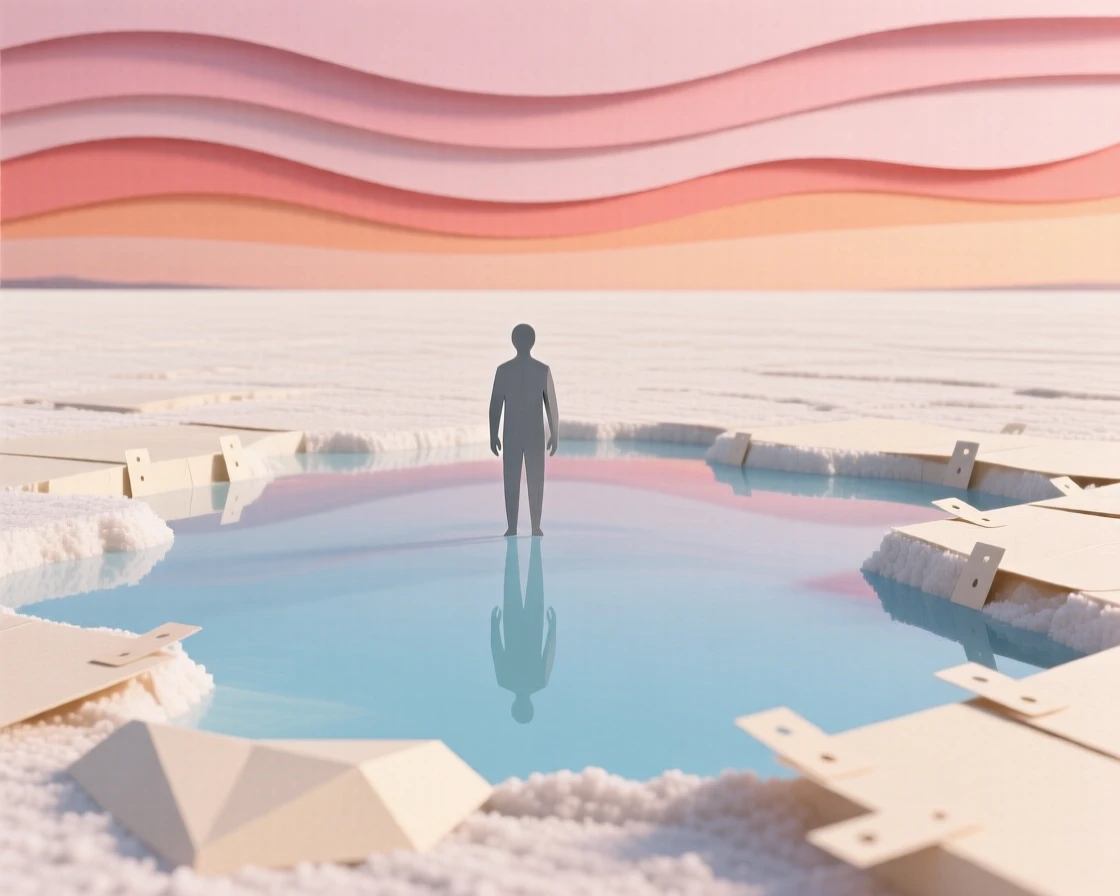 A vast salt flat stretching to the horizon under a mirror-like layer of water reflecting a pink and orange sunset sky, a single figure standing far in the distance, evoking surreal infinity.
