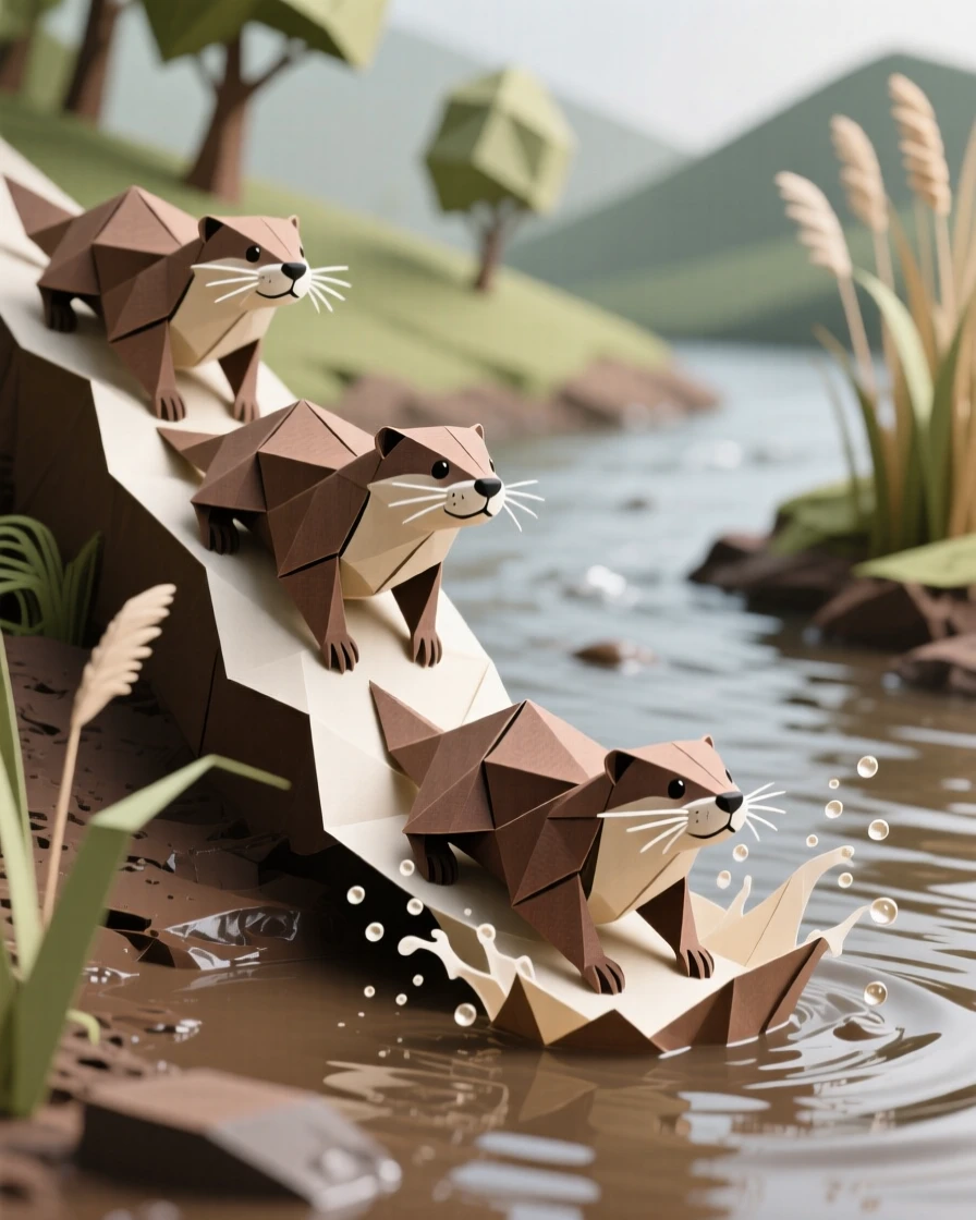 A family of otters sliding down a muddy riverbank one after another, splashes frozen mid-motion at the bottom.