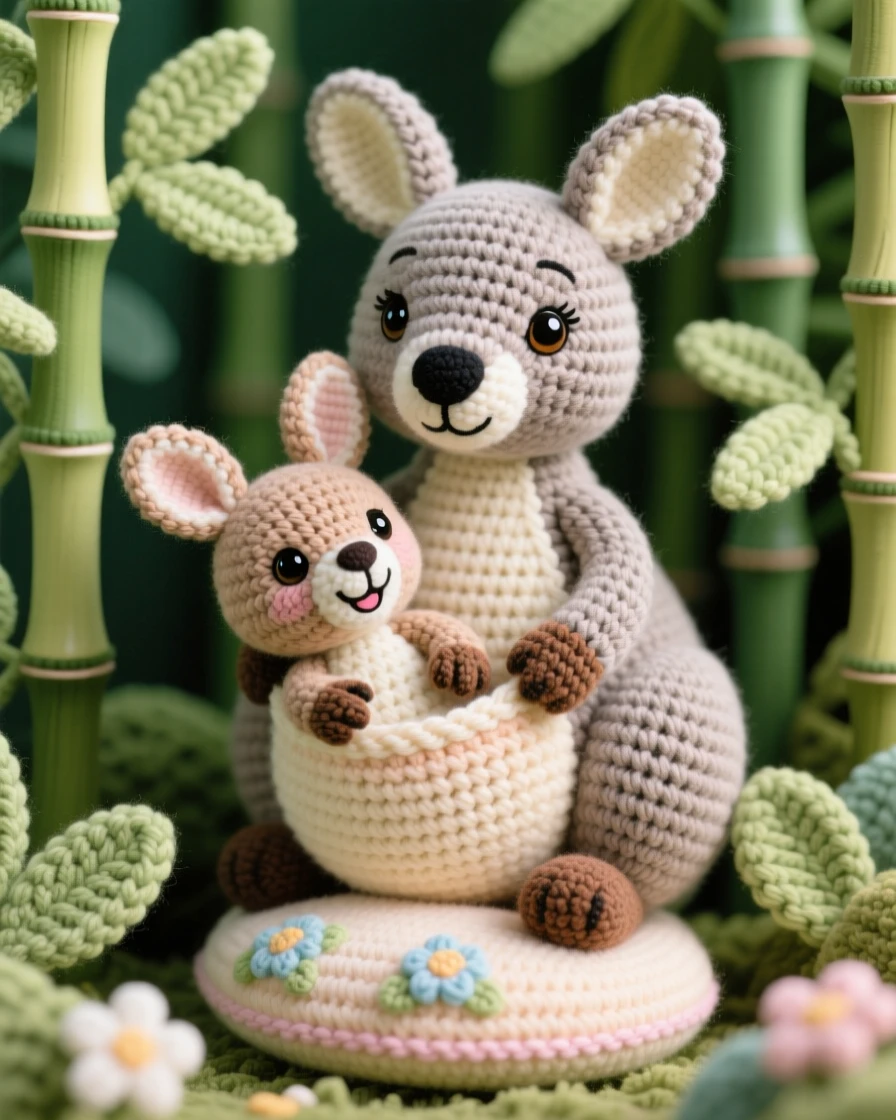 A heartwarming close-up of a baby kangaroo joey, with long ears and small forepaws, peeking its head out of its mother's pouch in a lush bamboo grove; a soft round pillow tucked beneath it completes the scene, radiating cheerful energy and boundless enthusiasm.