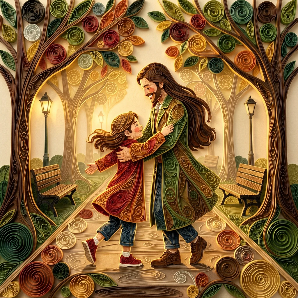 A heartwarming moment of a child running into a parent's open arms on a tree-lined path in a city park, bathed in warm golden hour light, composed with warm golden light wrapping around the scene.