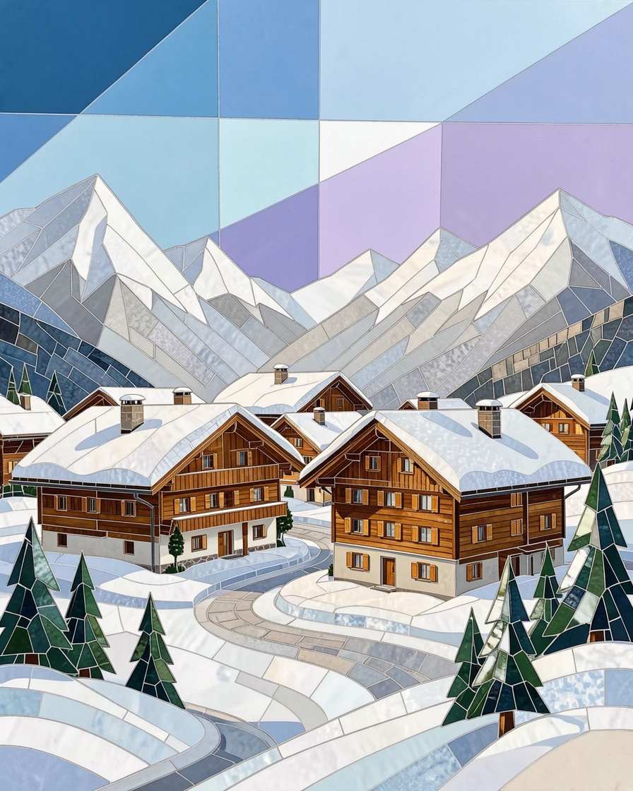 A snow-covered Swiss alpine village with wooden chalets.