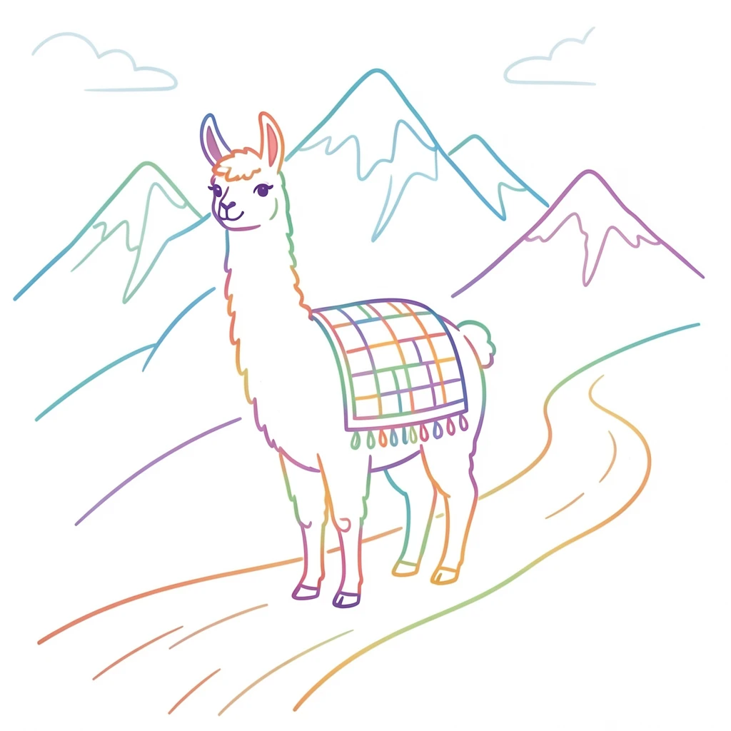 A llama wearing a woven blanket standing on a mountain trail with snowy peaks behind it.