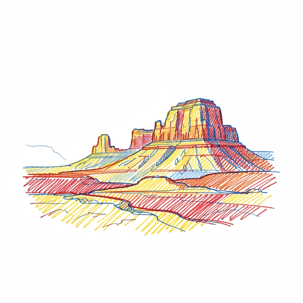 A high desert mesa at golden hour, layered rock formations glowing amber and rust