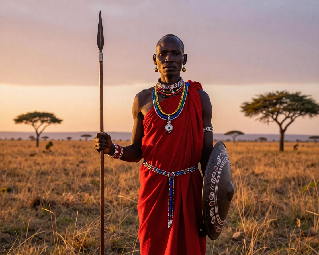 A Maasai warrior standing tall on the savanna at dawn