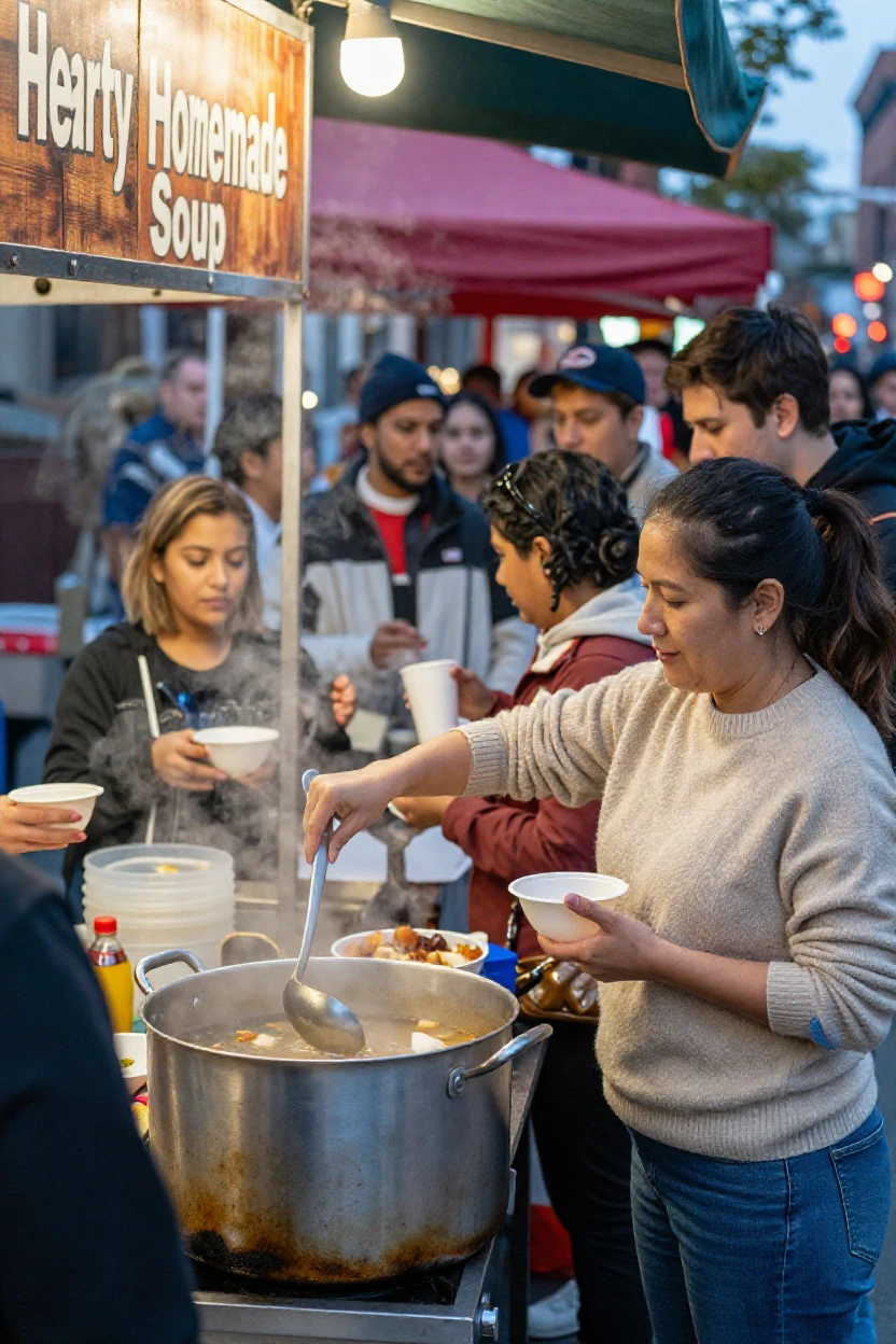 A woman ladles steaming soup from a giant pot at a crowded street food stall.