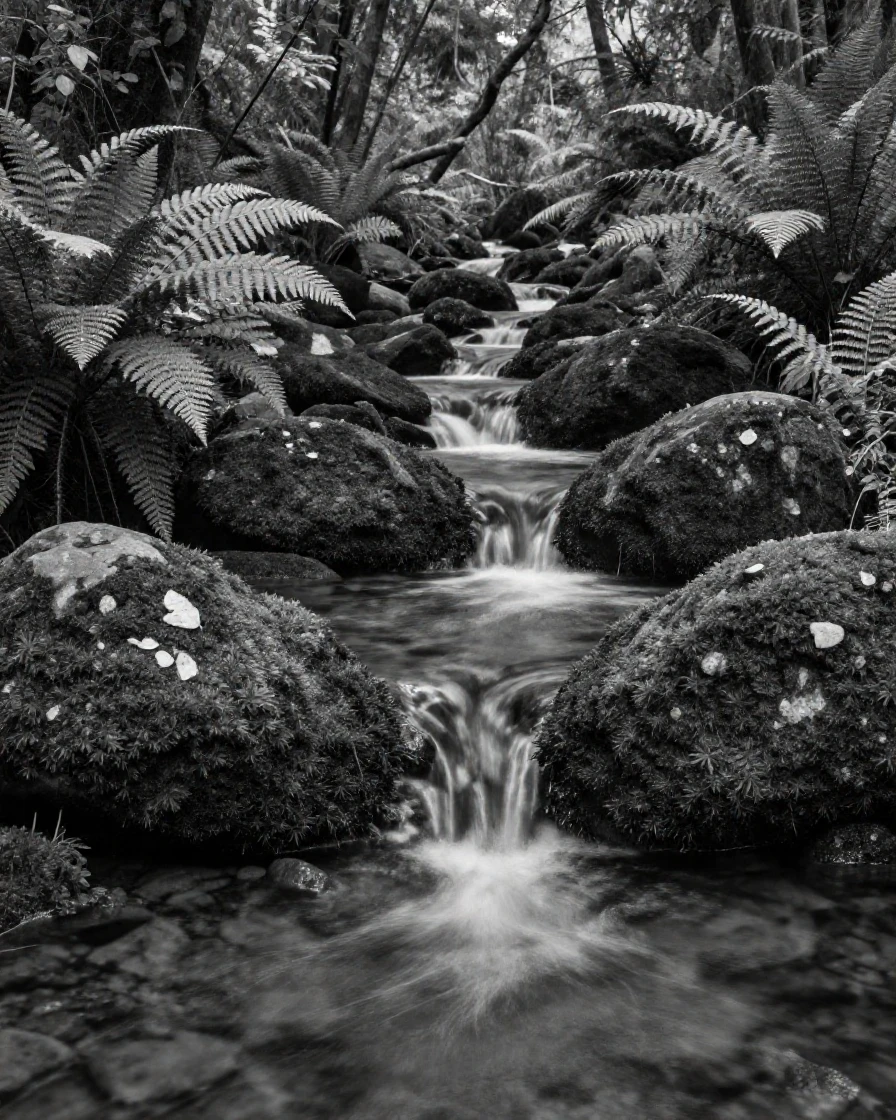 A waterfall-fed forest stream trickles over moss-covered stones beside a fern-lined trail.