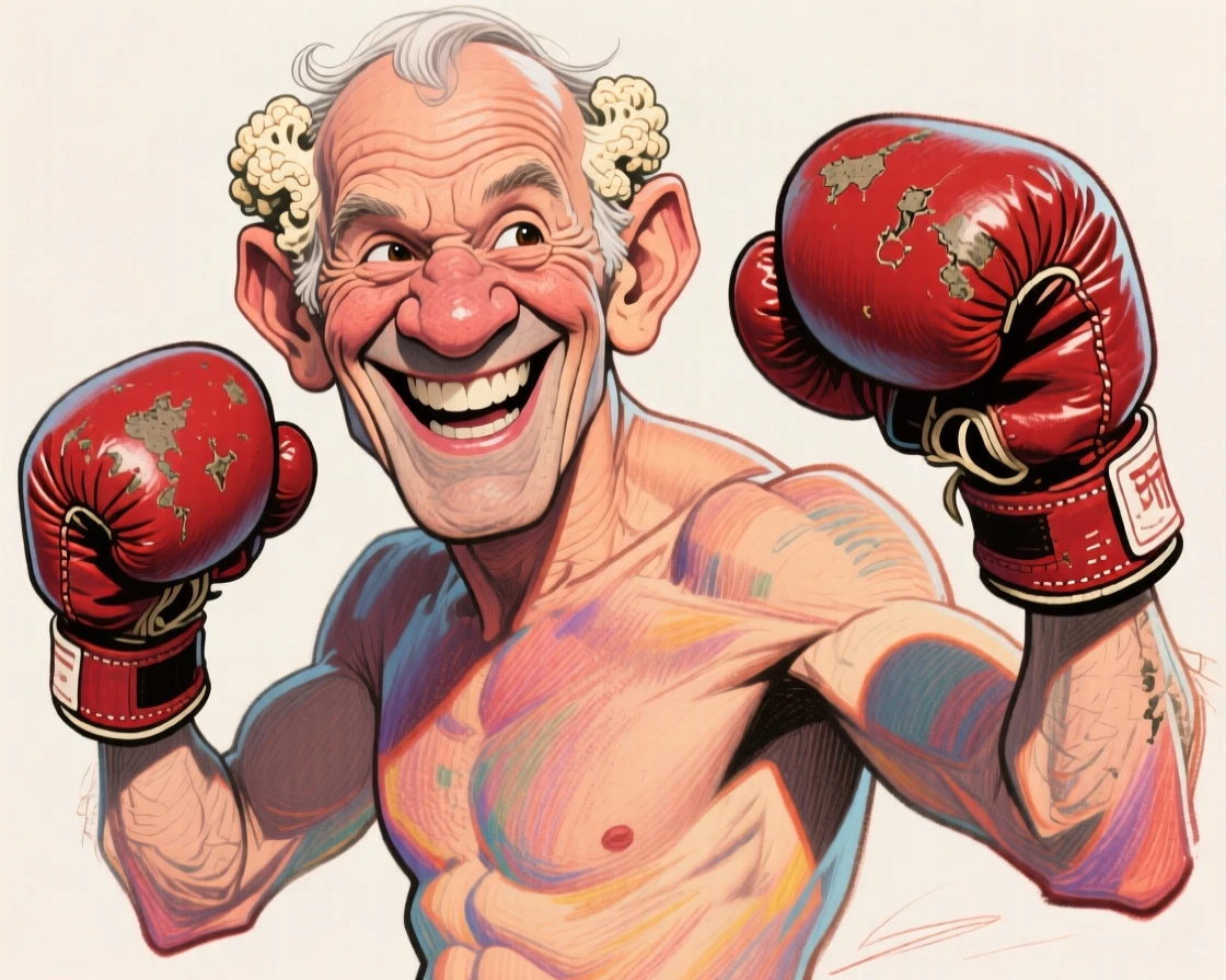 A retired boxer with a flattened nose and cauliflower ears, fists raised playfully in an old fighting stance.